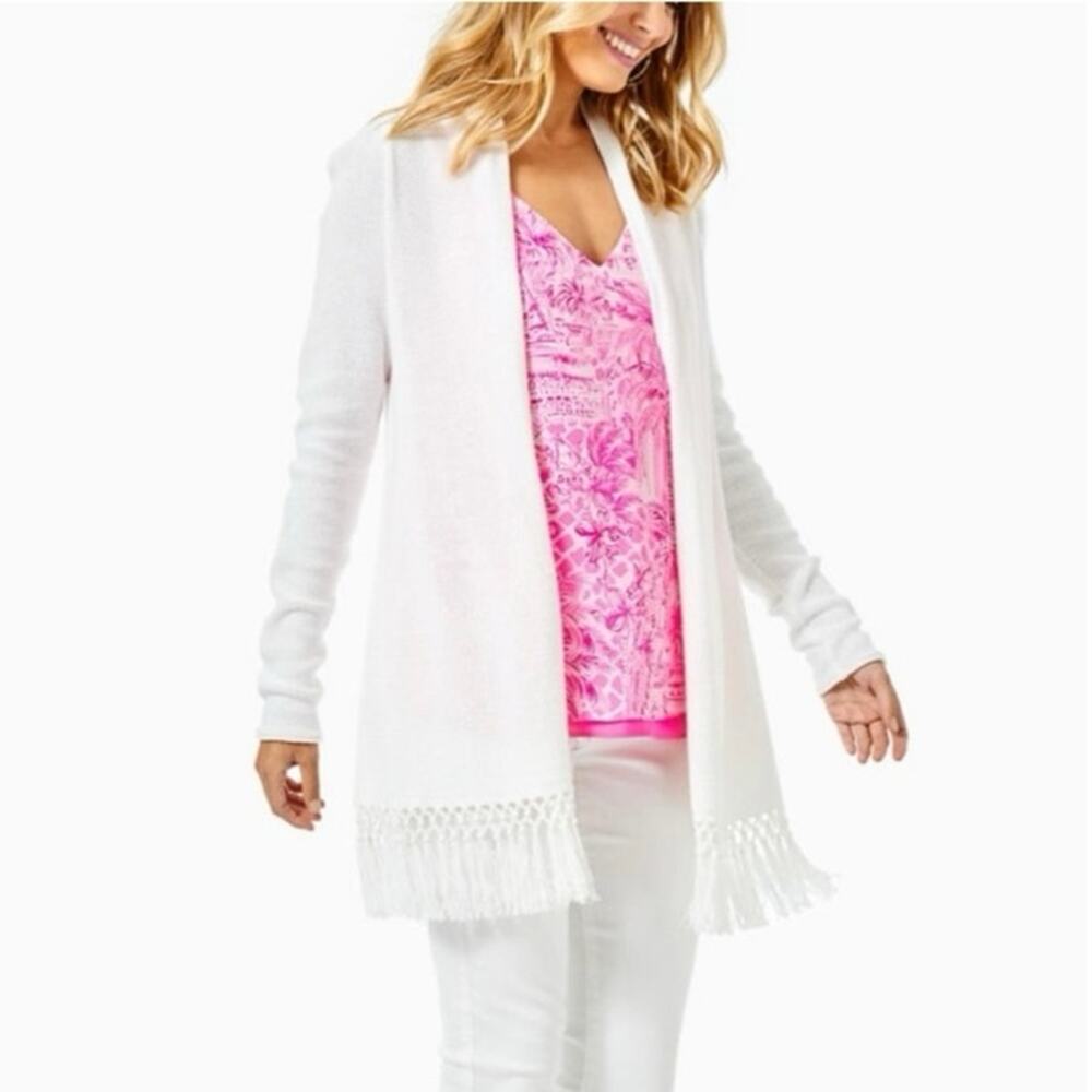 Lilly Pulitzer White Tatum Fringe Hem Knit Cardigan Sweater Size Small